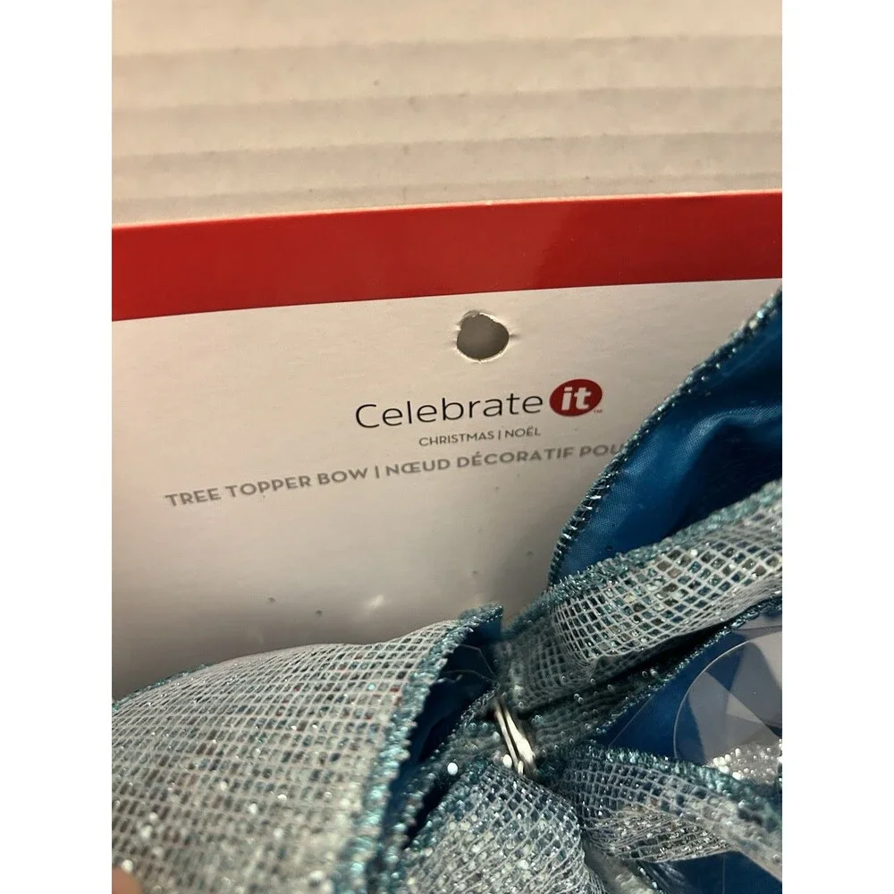 Celebrate it Christmas Tree Topper Bow Light Blue with Glitter 10” Large Bow